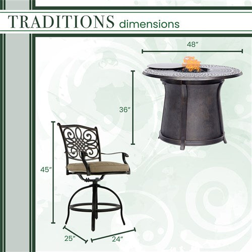 Hanover - 5pc High Fire Pit Set: 4 Swivel Chairs, 48" Round Cast Top Fire Pit Table - Alumicast/Tan-United Backyard