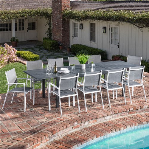 Hanover - Dawson 11pc: 10 Aluminum Sling Chairs, 78-118" Aluminum Extension Table - White/Gray-United Backyard