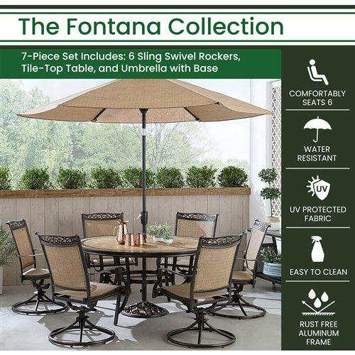 Hanover - Fontana 7pc: 6 Sling Swivel Rockers, 60" Round Tile Table, Umbrella, Base - Tan/Bronze-United Backyard