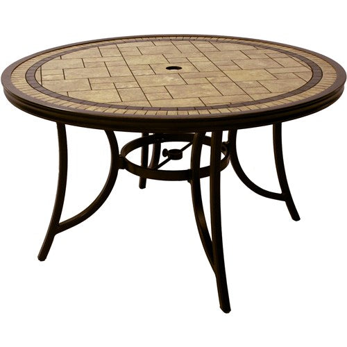 Hanover - Monaco 5pc: 4 Sling Swivel Rockers, 51" Round Tile Top Table, Umbrella - Tan Sling/Tile-United Backyard