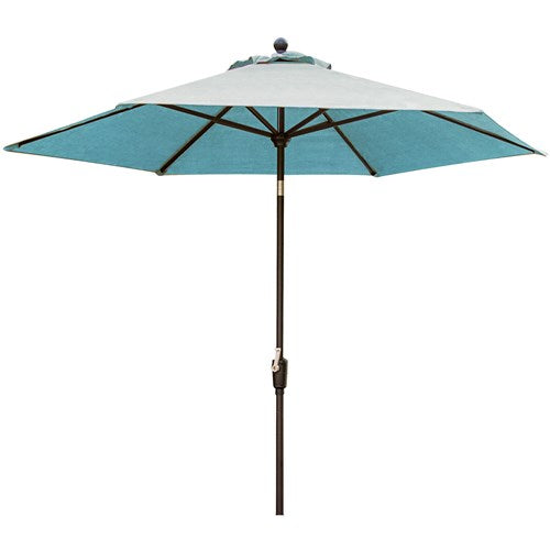 Hanover - Monaco 7pc: 6 Cush Stationary Chairs, 60" Round Tile Table, Umbrella, Base - Blue/Bronze-United Backyard