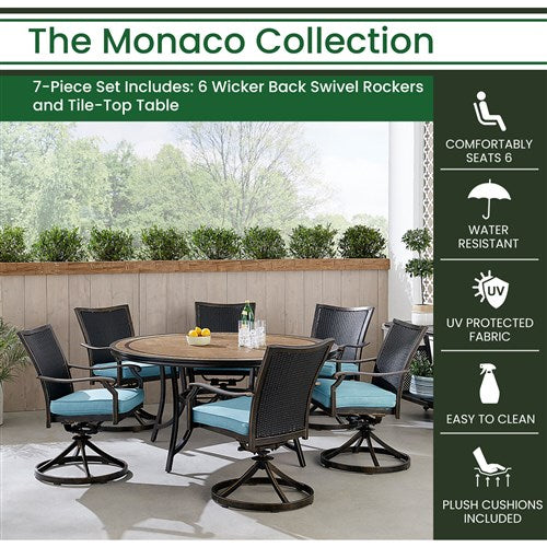 Hanover - Monaco 7pc: 6 Cush Wicker Back Swivel Rockers, 60" Round Tile Table - Blue/Bronze-United Backyard