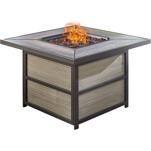 Hanover - Orleans 5pc Fire Pit: 4 Swivel Gliders, Square KD Fire Pit w/Tile - Tan/Tile-United Backyard