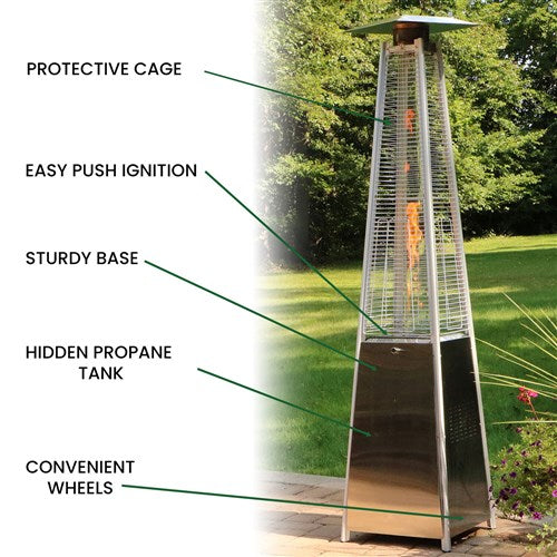 Hanover - Pyramid Flame Glass patio heater, 7" tall, propane, 42,000 BTU with Cover - Stainless Steel/Tan-United Backyard
