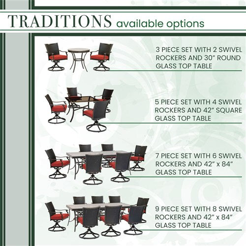 Hanover - Traditions 3pc: 2 Wicker Back Swivel Rockers, 30" Round Glass Table - Red/Bronze-United Backyard
