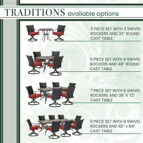 Hanover - Traditions 3pc: 2 Wicker Back Swivel Rockers, 32" Round Cast Table - Red/Bronze-United Backyard