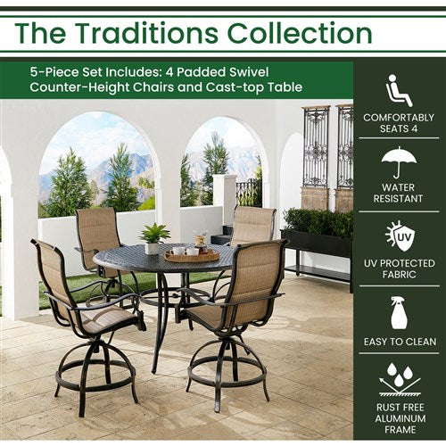 Hanover - Traditions 5pc: 4 Padded Swivel Counter Hght Chairs, 56" Round Cast Tbl - Tan/Bronze-United Backyard