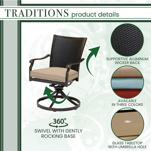 Hanover - Traditions 5pc: 4 Wicker Back Swivel Rockers, 42" Square Glass Table - Tan/Bronze-United Backyard