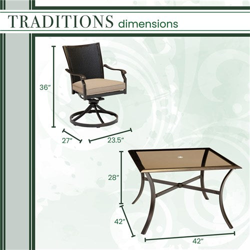 Hanover - Traditions 5pc: 4 Wicker Back Swivel Rockers, 42" Square Glass Table - Tan/Bronze-United Backyard