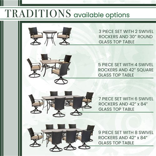 Hanover - Traditions 5pc: 4 Wicker Back Swivel Rockers, 42" Square Glass Table - Tan/Bronze-United Backyard