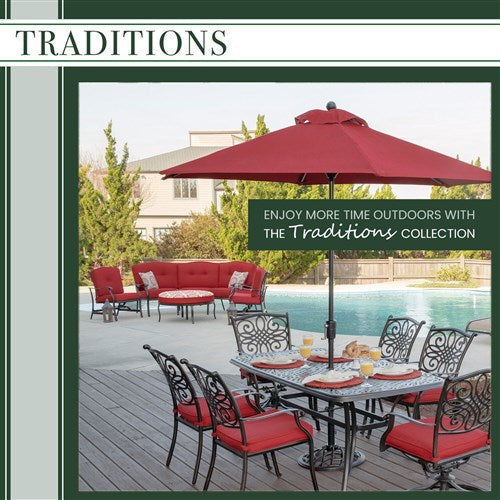 Hanover - Traditions 9pc: 6 Dining Chairs, 2 Swivel Rockers, 42x84" Cast Table - Red/Cast-United Backyard