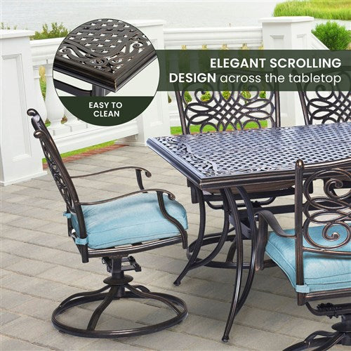 Hanover - Traditions 9pc: 8 Swivel Rockers, 42x84" Cast Table - Blue/Cast-United Backyard