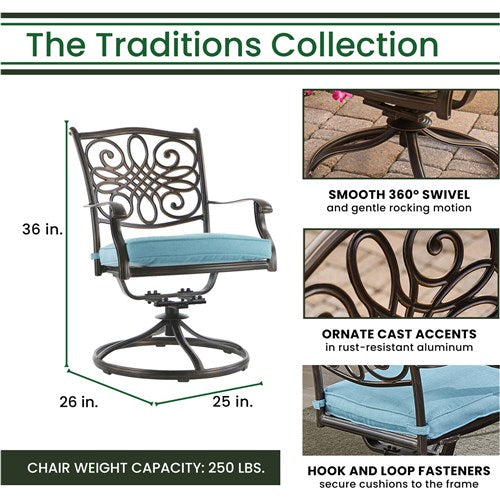 Hanover - Traditions 9pc: 8 Swivel Rockers, 60" Square Glass Top Table - Blue/Glass-United Backyard