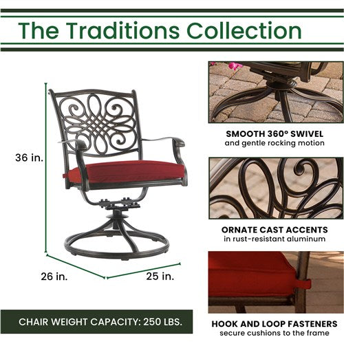 Hanover - Traditions 9pc: 8 Swivel Rockers, 60" Square Glass Top Table - Red/Glass-United Backyard