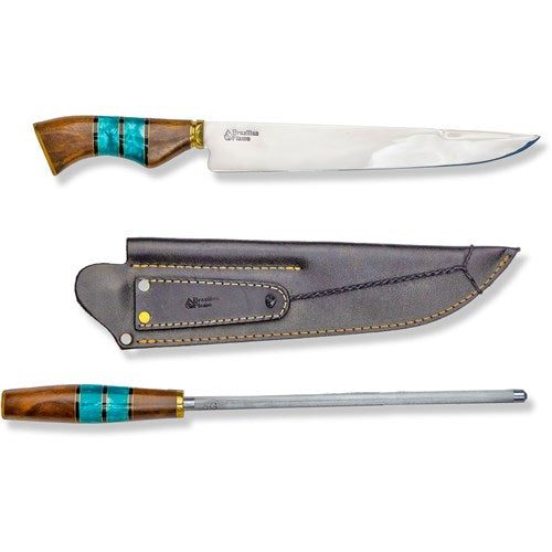 Brazilian Flame - 10" Traditional Line Stainless Steel Knife 3mm with Sharpener and w/Case - Ribs Set Green-United Backyard