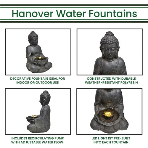 Hanover - 18in Buddha Polyresin Fountain with Lights - Stone-United Backyard