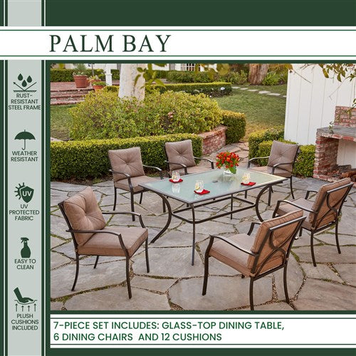Hanover - 7pc Dining Set: 6 steel dining chairs w/cushions, 60x38" glass table - Steel/Tan-United Backyard