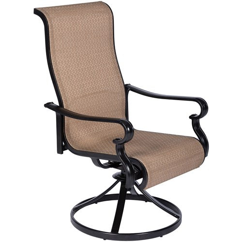 Hanover - Brigantine 5pc: 4 Sling Swivel Chairs, 42" Square Cast Table, Umbrella & Base - Tan/Bronze-United Backyard
