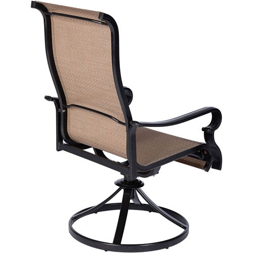 Hanover - Brigantine 5pc: 4 Sling Swivel Chairs, 42" Square Cast Table, Umbrella & Base - Tan/Bronze-United Backyard