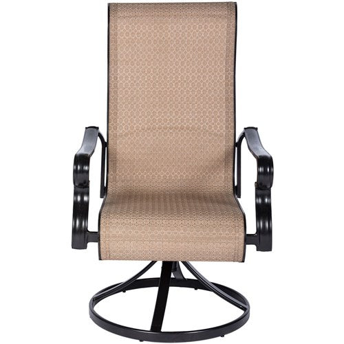 Hanover - Brigantine 5pc: 4 Sling Swivel Chairs, 42" Square Cast Table, Umbrella & Base - Tan/Bronze-United Backyard