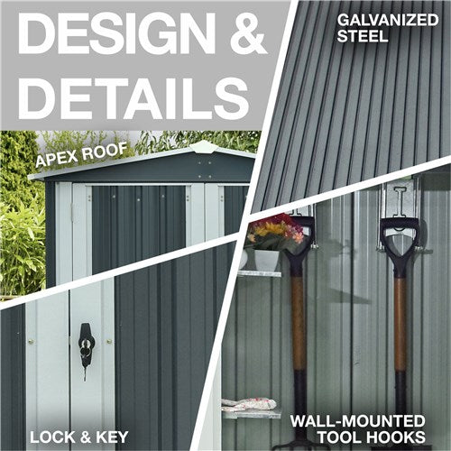 Hanover - Galvanized Steel APEX Patio Storage Shed 3'x5'x6' with Base - Dark Gray/White-United Backyard