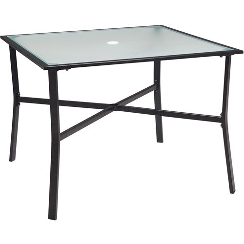 Hanover - Lavallette 5pc: 4 Swivel Dining Chairs, Square Glass Table, Umbrella & Base - Silver-United Backyard