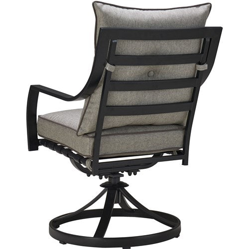 Hanover - Lavallette 5pc: 4 Swivel Dining Chairs, Square Glass Table, Umbrella & Base - Silver-United Backyard