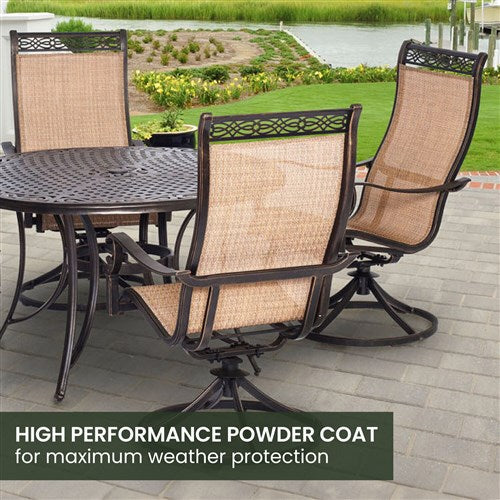 Hanover - Manor 5pc: 4 Sling Swivel Rockers, 48" Round Cast Table - Tan Sling/Cast-United Backyard