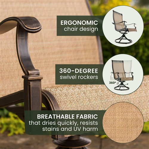 Hanover - Manor 5pc: 4 Sling Swivel Rockers, 48" Round Cast Table - Tan Sling/Cast-United Backyard