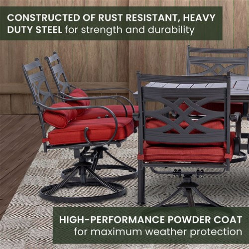 Hanover - Montclair 11pc: 10 Swivel Rockers, 60"x84" Table, Umbrella, Base - Chili Red/Brown-United Backyard