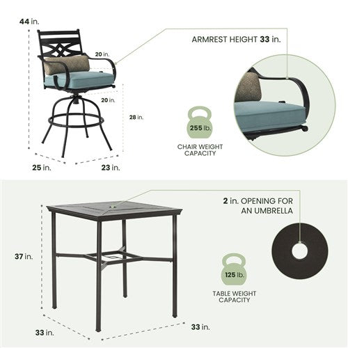 Hanover - Montclair 5pc High Dining: 4 Swivel Chairs, 33" Square High Dining Table - Ocean Blue/Brown-United Backyard