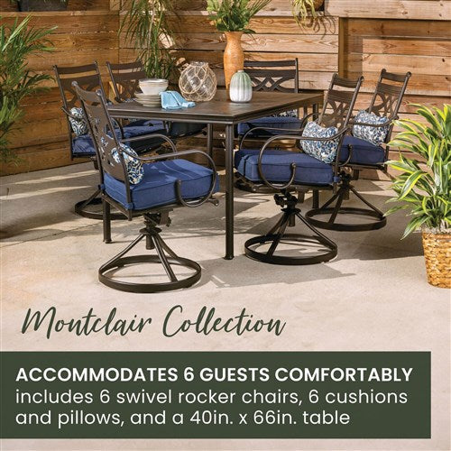 Hanover - Montclair 7pc: 6 Swivel Rockers, 40x66" Dining Table - Navy/Brown-United Backyard