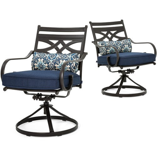 Hanover - Montclair 7pc: 6 Swivel Rockers, 40x66" Dining Table, Umbrella & Base - Navy/Brown-United Backyard