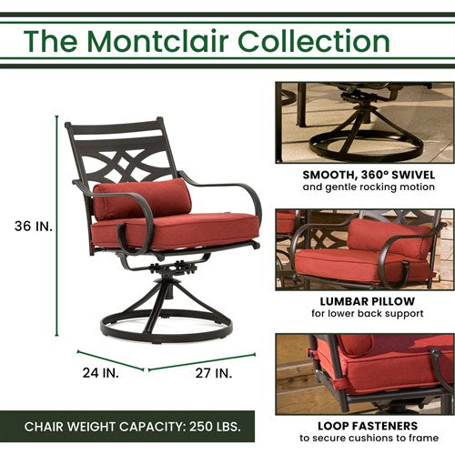 Hanover - Montclair 9pc: 8 Swivel Rockers, 42"x84" Dining Table, Umbrella, Base - Chili Red/Brown-United Backyard