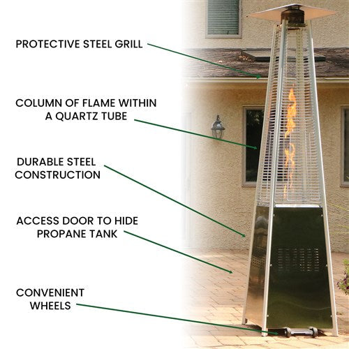 Hanover - Pyramid Patio Heater, 7' Tall, Propane Flame Glass, 42,000 BTU - Stainless-United Backyard