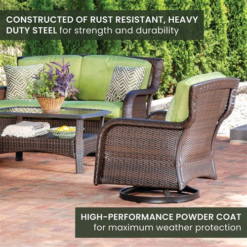 Hanover - Strathmere 4pc: Loveseat, 2 Swivel Gliders, Woven Coffee Table - Brown/Green-United Backyard
