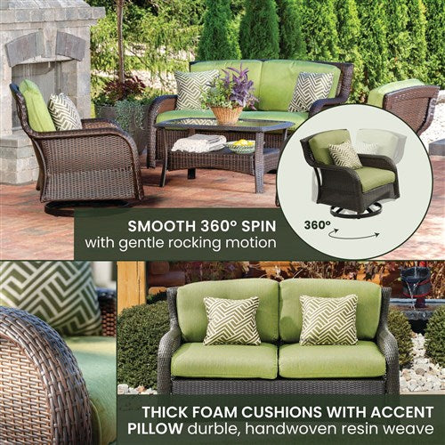 Hanover - Strathmere 4pc: Loveseat, 2 Swivel Gliders, Woven Coffee Table - Brown/Green-United Backyard