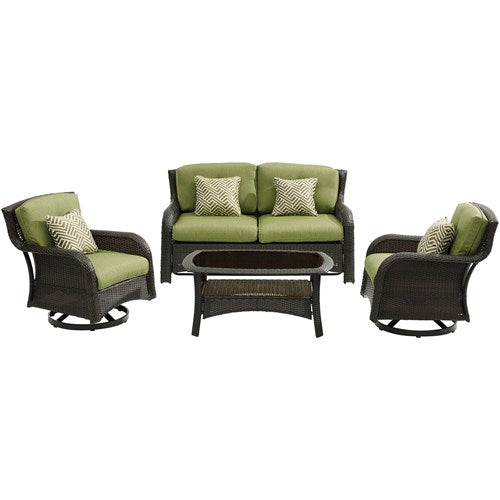 Hanover - Strathmere 4pc: Loveseat, 2 Swivel Gliders, Woven Coffee Table - Brown/Green-United Backyard