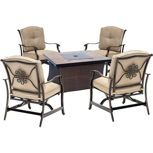 Hanover - Traditions 5pc: 4 Deep Seating Rockers and Woven Fire Pit with Tile Top - Tan/Bronze-United Backyard