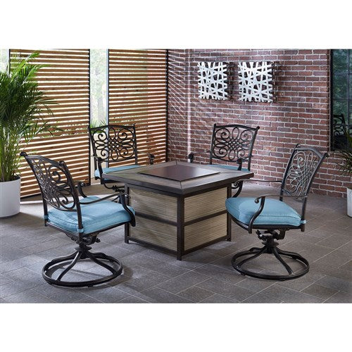 Hanover - Traditions 5pc Fire Pit: 4 Swivel Rockers, Square KD Fire Pit w/Tile - Blue/Tile-United Backyard