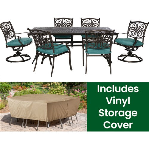 Hanover - Traditions 7pc: 4 Dining Chairs, 2 Swivel Rockers, 38x72" Cast Table, Cover - Blue/Bronze-United Backyard