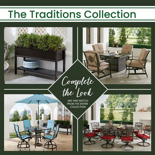 Hanover - Traditions 7pc: 6 Padded Swivel Counter Hght Chairs, Slat Fire Pit Table - Red/Bronze-United Backyard