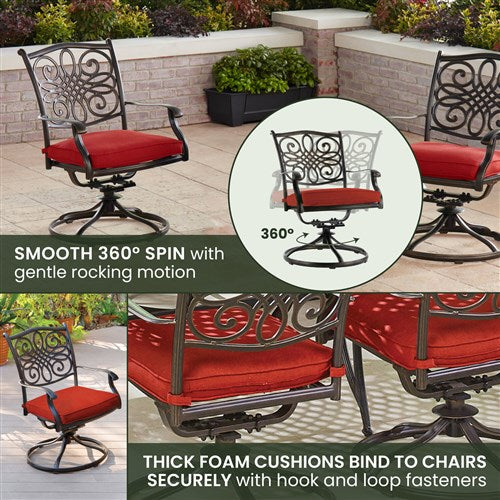 Hanover - Traditions 7pc: 6 Swivel Rockers, 60" Round Cast Table - Red/Cast-United Backyard