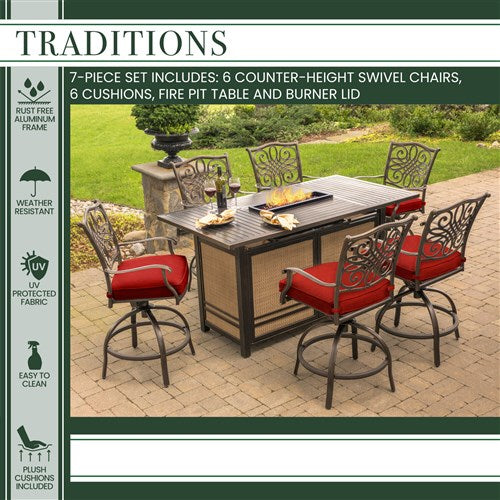 Hanover - Traditions 7pc Fire Pit High Dining: 6 Swivel Center Chairs, Fire Pit Dining Table - Red/Bronze-United Backyard