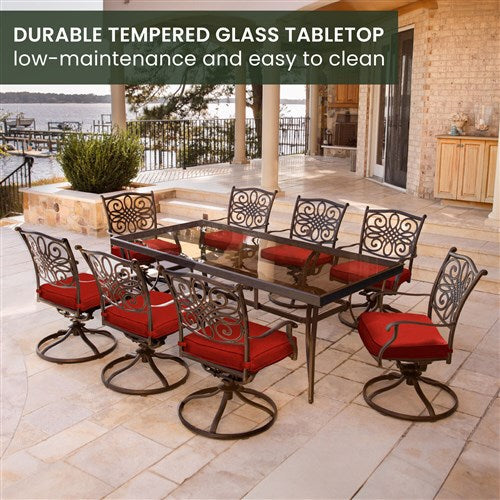 Hanover - Traditions 9pc: 8 Swivel Rockers, 42x84" Glass Top Table - Red/Glass-United Backyard