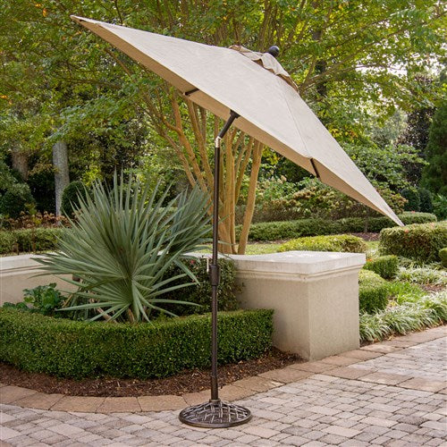 Hanover - Traditions 9pc: 8 Swivel Rockers, 60" Square Glass Top Table, Umbrella, Base - Tan/Glass-United Backyard